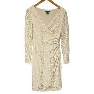 Lauren Ralph Lauren V-Neck Lace Long Sleeve Dress Cream 6